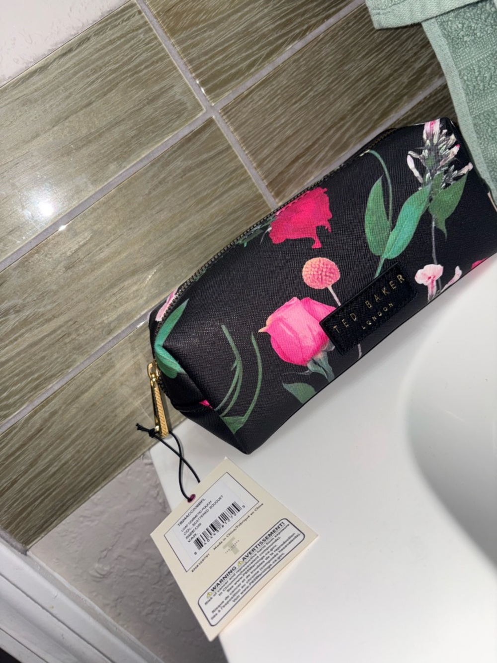 Ted Baker Black Floral Cosmetic Bag with Pink and Green Accents